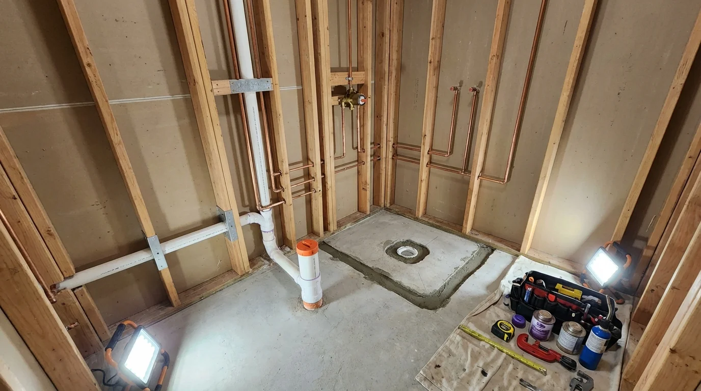 Bathroom rough-in plumbing during remodel by Johns Plumbing LLC in Hoquiam