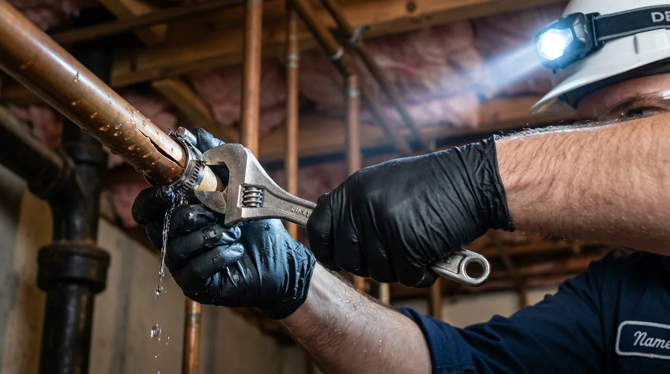 Emergency pipe clamp repair being performed by a Johns Plumbing LLC plumber in Hoquiam