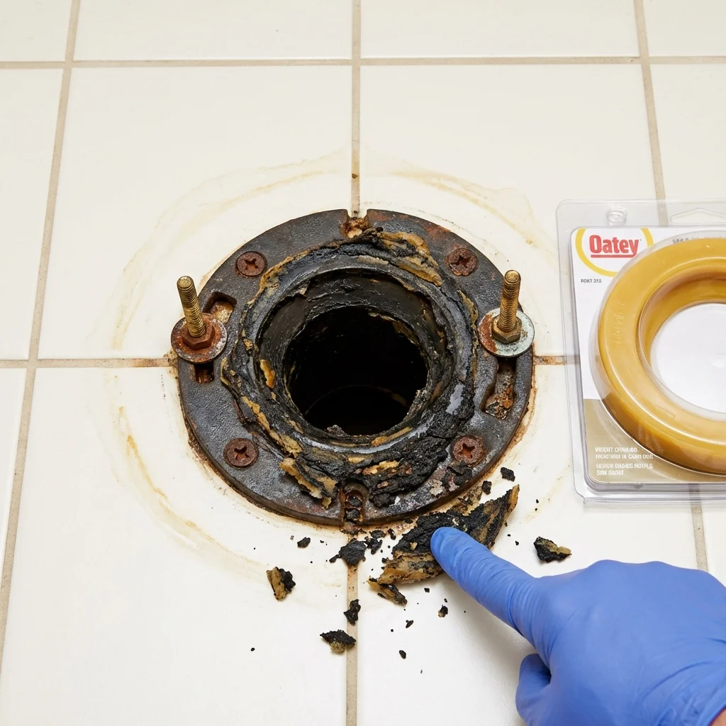 Failed wax ring showing water seepage at the base of a toilet in a Hoquiam, WA home