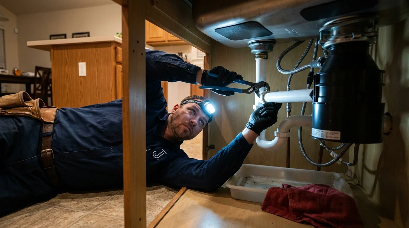 P-trap and supply line connections under a kitchen sink showing a common leak point in Hoquiam, WA